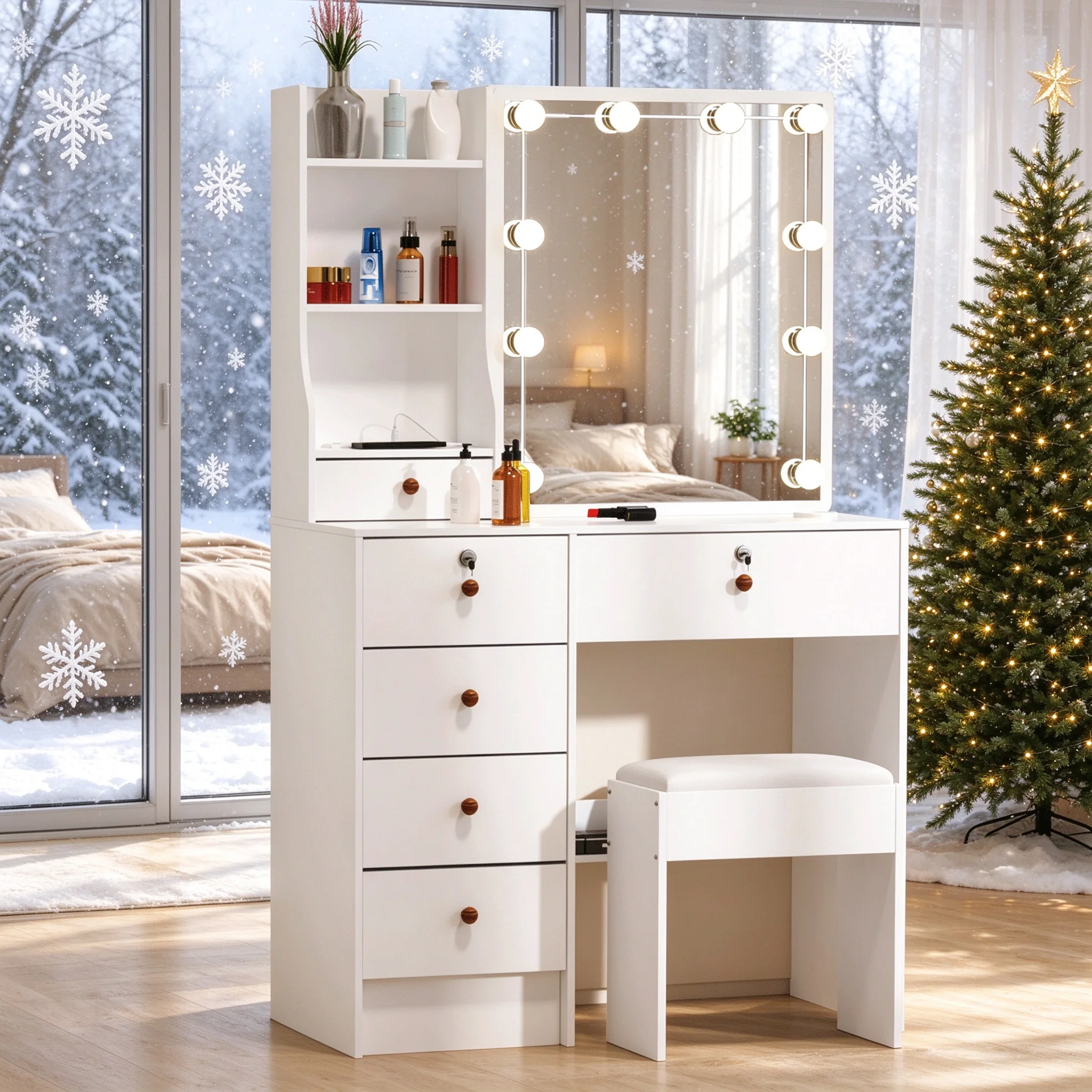 Makeup Vanity Table Set with Sliding LED Lighted Mirror, 6 Drawers & Storage Shelves, Dressing Table with Cushioned Stool, White Bedroom Dresser Makeup Desk