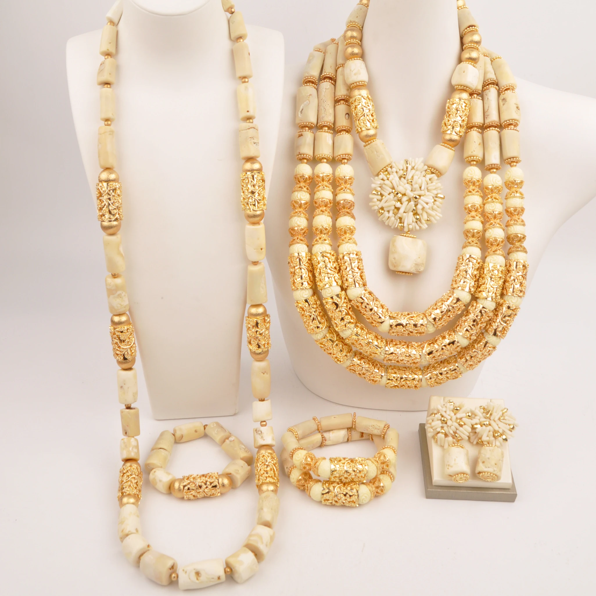 

Real White African Coral Bead Jewelry Set for Couple Nigerian Traditinal Wedding Accessories