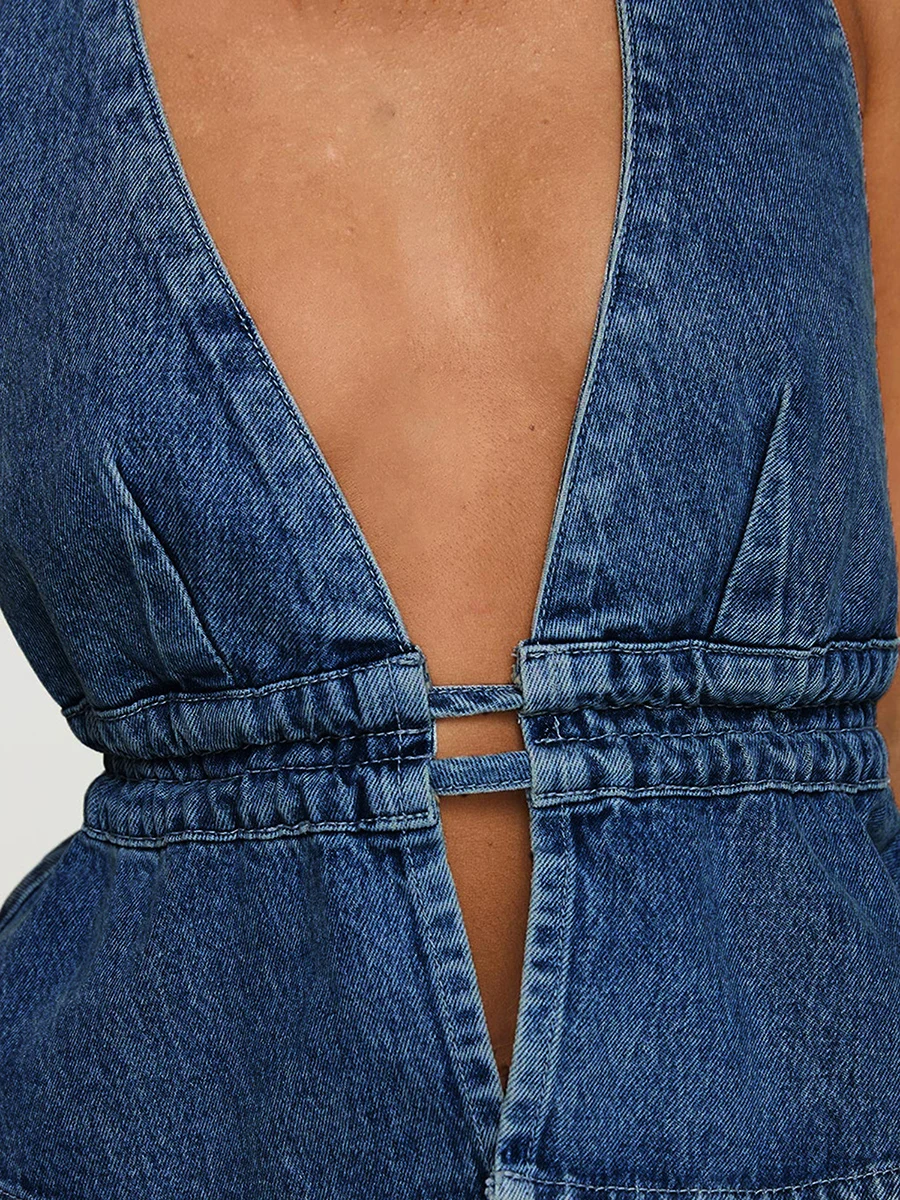 Halter Denim Precious Y-Chic for Women, Shower-Up, Fibbackless Peplum Crop, Solid Document, Cowboy Glafor, Club Party, Y2K, Summer