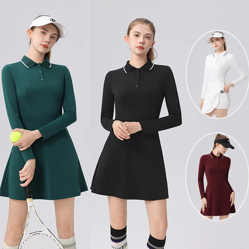 

New Tennis Dress for Women Long Sleeve Polo Shirt Golf Dresses Breathable Ladies Solid Casual Workout Skirt with Inner Short