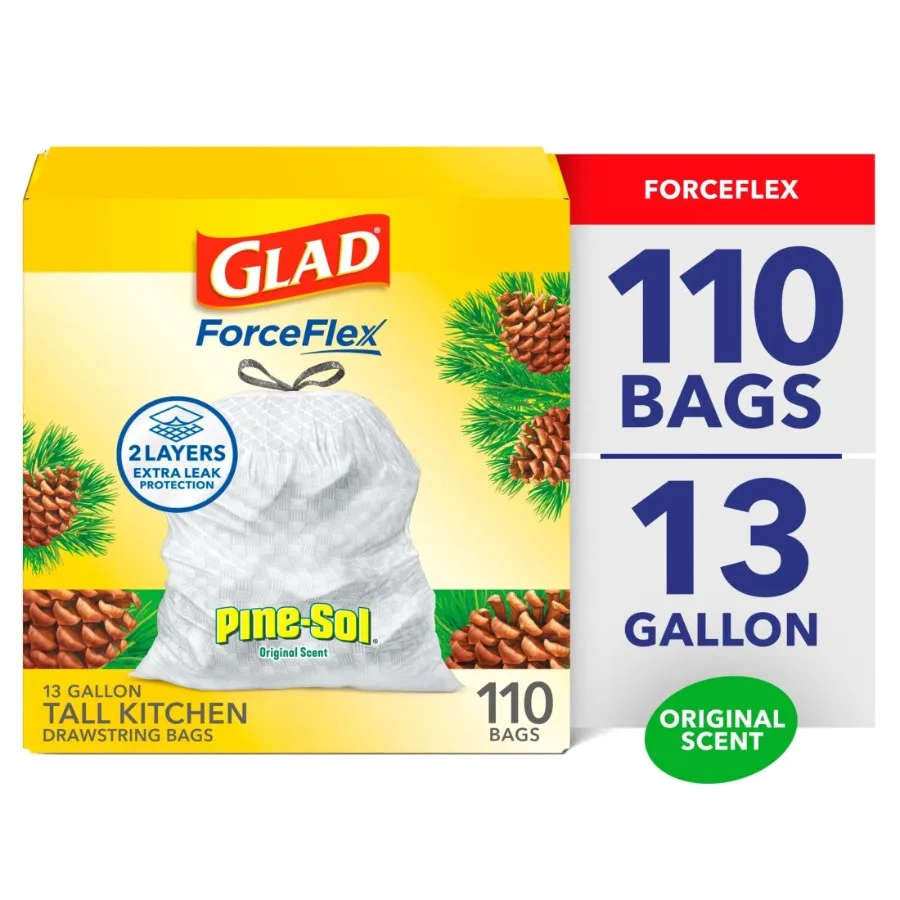 

Мешки для мусора ForceFlex Tall Kitchen Drawstring, 13 галлонов, с ароматом Pine-Sol Original, 110 штук – идеально подходят для сильных кухонных отходов, устраняют запахи.