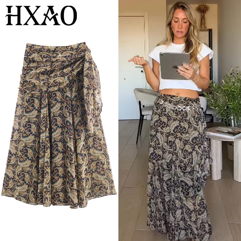 

HXAO Юбки с рюшами и принтом для женщин, летняя женская юбка, модная длинная юбка с высокой талией и узлом пейсли, элегантные многослойные юбки с запахом