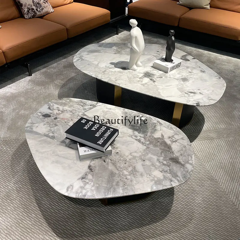 Mesa de centro minimalista, mármol natural de forma especial gris, gran piso plano, muebles grandes para villa de lujo