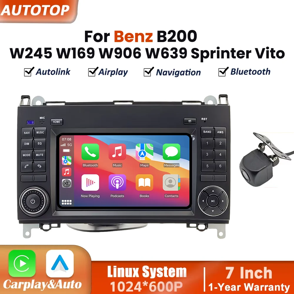 7-calowe bezprzewodowe radio samochodowe z systemem Linux, CarPlay i Android Auto do Mercedes Benz B200 W169 W245 W906 Sprinter W639 Vito, multimedialny ekran dotykowy z funkcjami Airplay, Autolink,