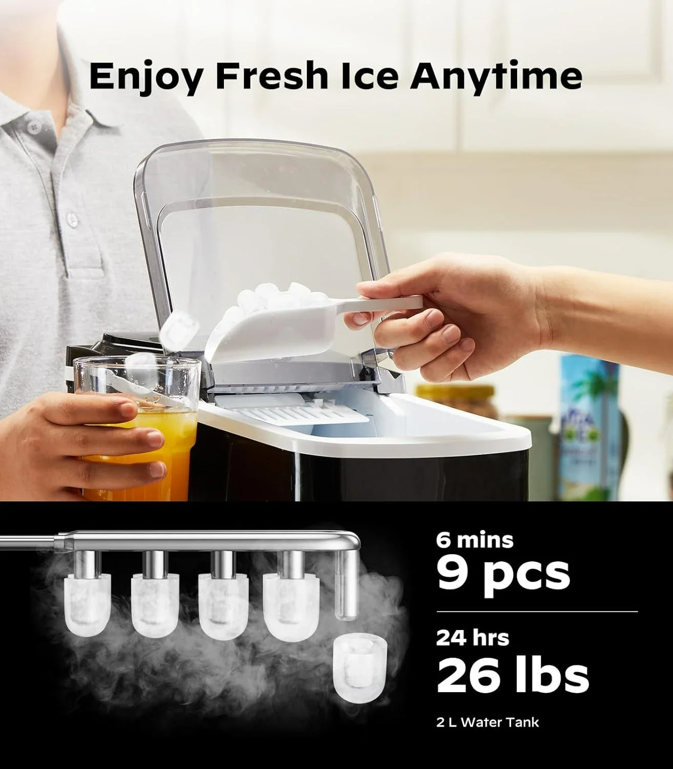 Máquina de hielo inteligente compacta con WiFi y Control por aplicación, produce 9 cubos en 6 minutos, hasta 26 libras de hielo por día