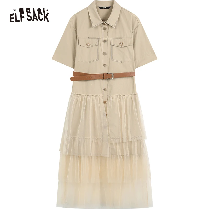 ELFSACK Preppy Style Khaki Dresses Women 2023 Spring/Summer Casual  Daily Dress