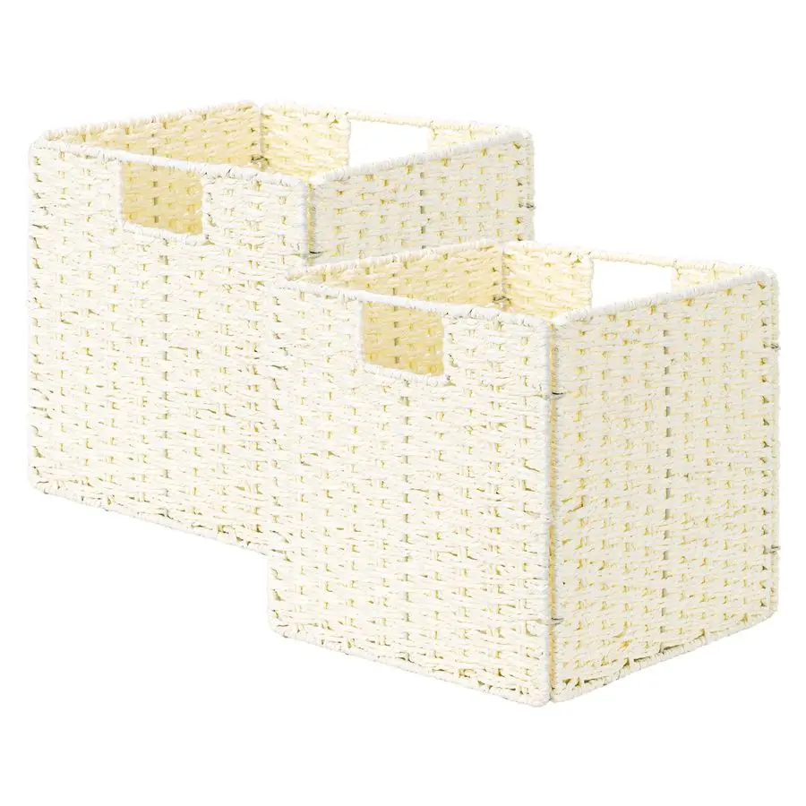 

11 inch Wicker Baskets, Handwoven Storage Cubes with Handles, Foldable Paper Rope Basket for Organizing, Beige, 2 Pack