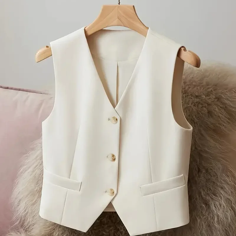 Vintage Fashion Button Front V-neck Vest Casual Solid Color Sleeveless Suit Vest New Commuter Elegant Women\'s Simple Chic