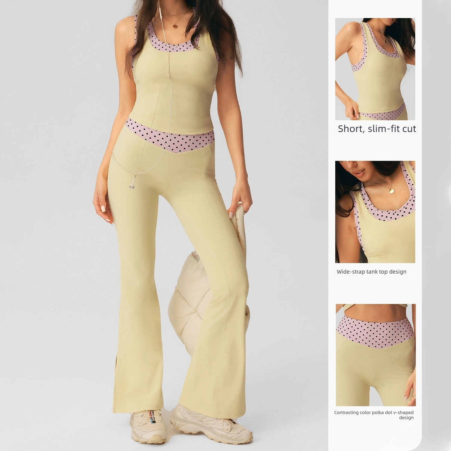 Women 2 Piece Yoga Clothes Pilates Set U Neck Vest High Waist Split Hem Flared Yoga Pants Contrast Polka Dot Fitness Workout Set