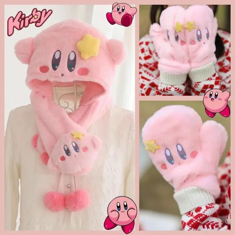 Cute Kirby Plush Hat Scarf Gloves Autumn Winter Women\'s Warm Cap Scarves Skin-friendly Soft Children\'s Scarf Glove Girls Gift