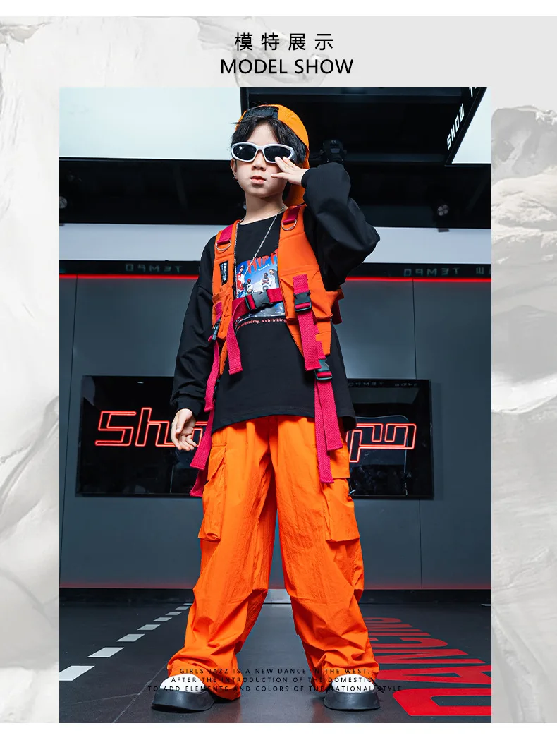 أزياء أداء رقص شارع الجاز للأطفال الهيب هوب بأكمام طويلة للأولاد مجموعة سترة السراويل البرتقالية