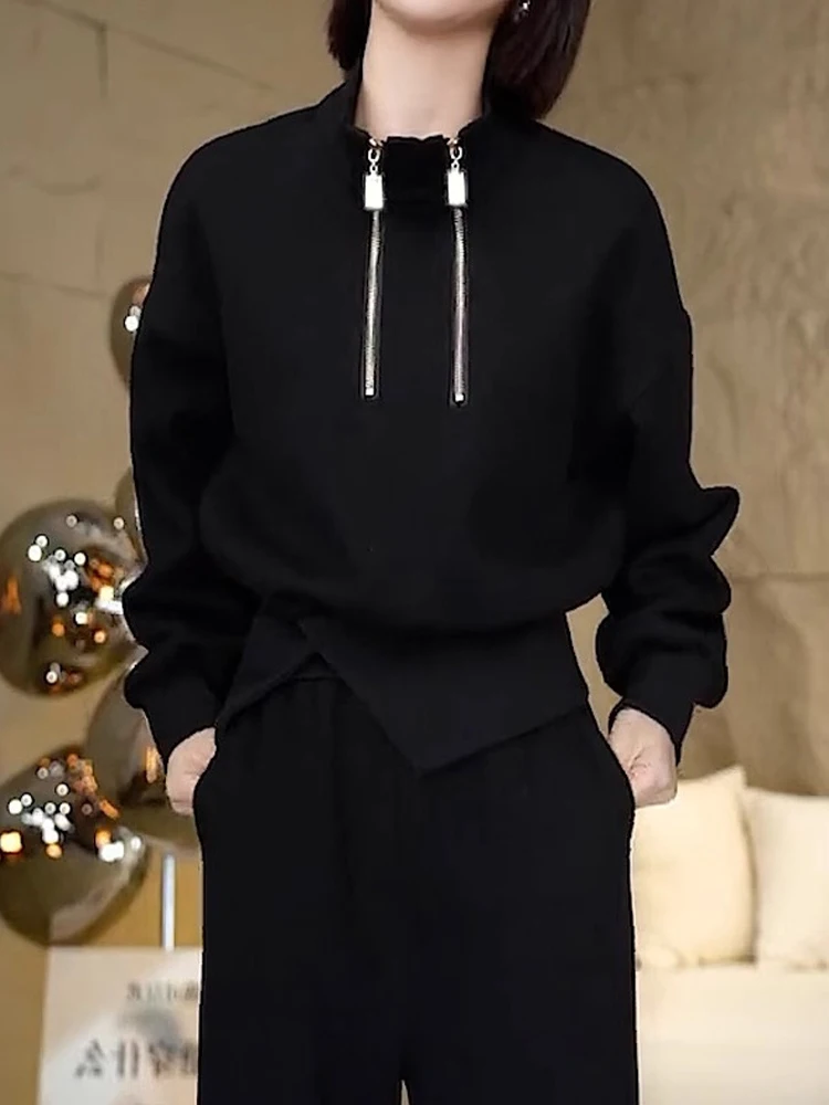 

Elegant Double Zipper Hoodie Long Sleeve Oversized Woolen Women's Autumn Winter Fashion Slimming Outerwear Commute Style