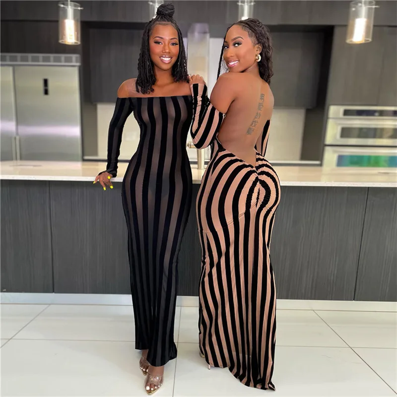 Striped Patchwork See Through Backless Sexy Slim Long Dress 2023 Autumn New Off Shoulder Long Sleeve Vestidos Party Clubwear