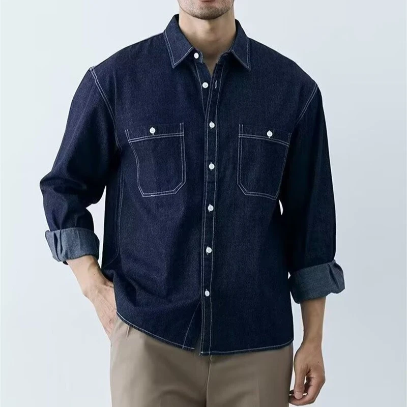 

Men's Loose Fit Denim Shirt, Vintage Wash Two Pocket Casual Top, Streetwear Designer Jeans Shirt , Trendy Oversized Blue