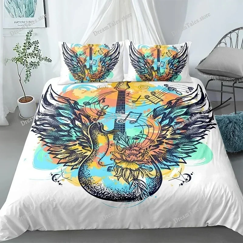 Music Guitar Bedding Set King Queen Heavy Metal Punk Rock Duvet Cover for Teen Boy Musical Note Polyester Comforter Cover