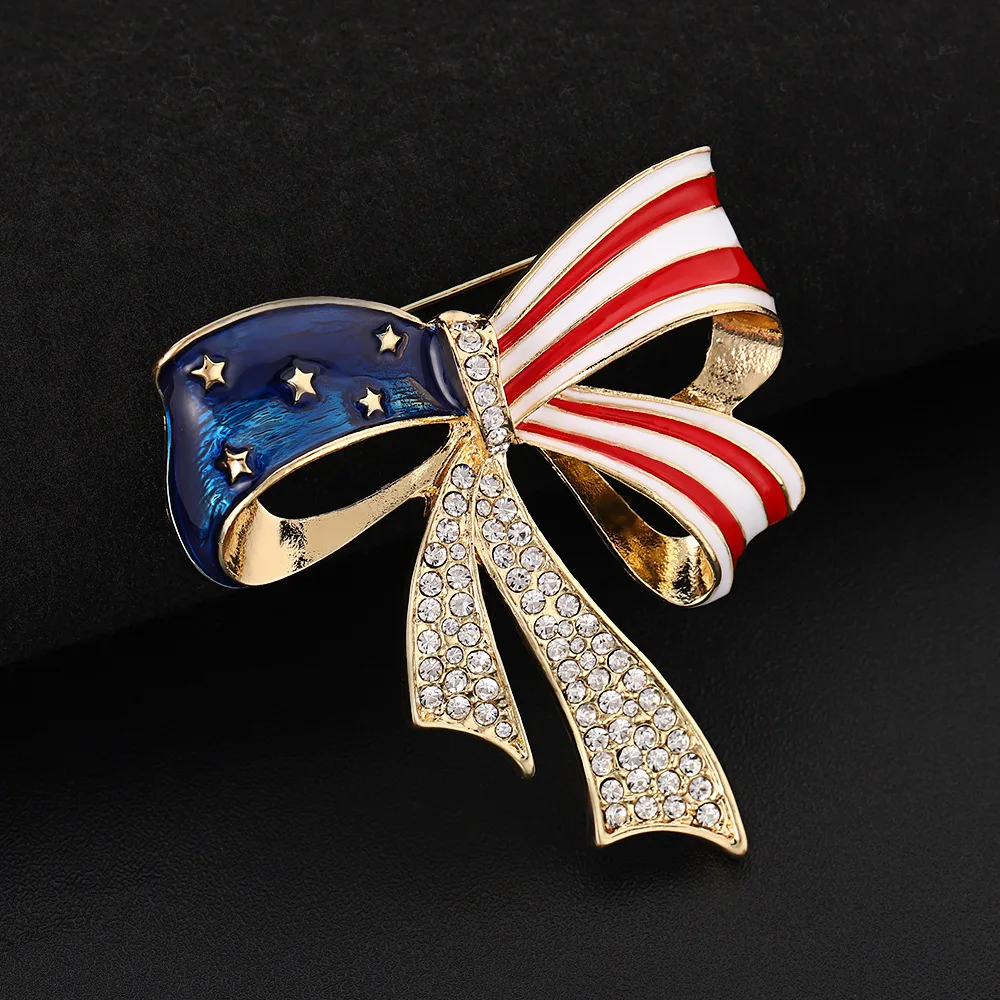 Hot European and American Flag Oil Drop Bow Brooch Cross border Niche Independence Day Diamond Set Jewelry