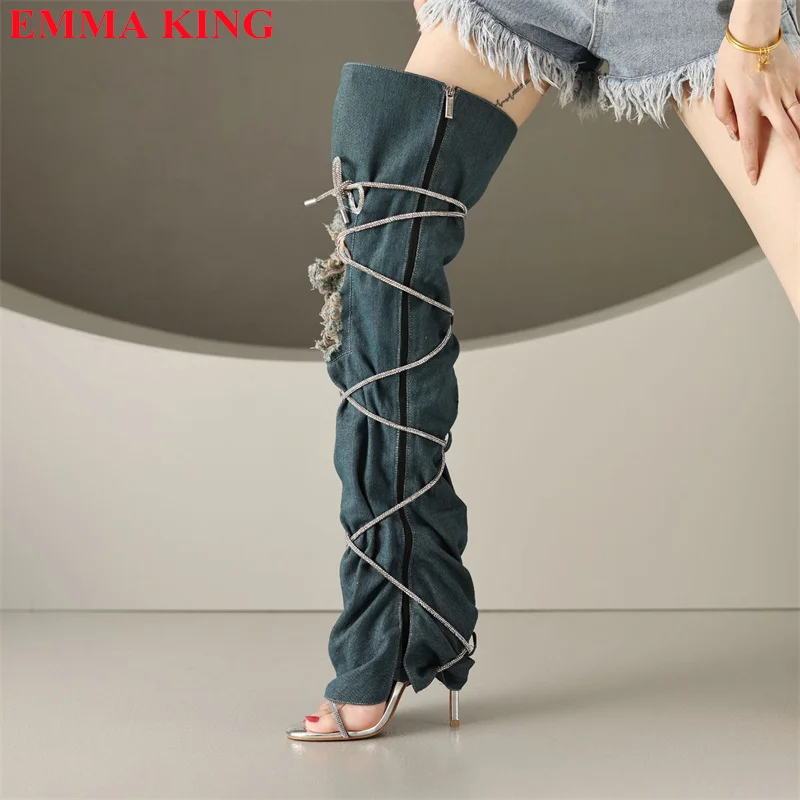 

Luxury Crystal Cross-tied Over The Knee Boots Women Open Toe High Heel Gladiator Sandals Boots Denim Hollow Out Thigh High Boots