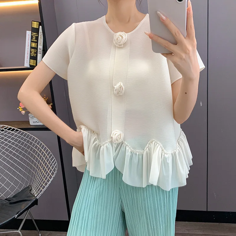 

Miyake Pleated T-shirt 2025 Summer Advanced Solid Colour Design Sense of Sweet Fresh Style Loose Versatile Short-sleeved Tops