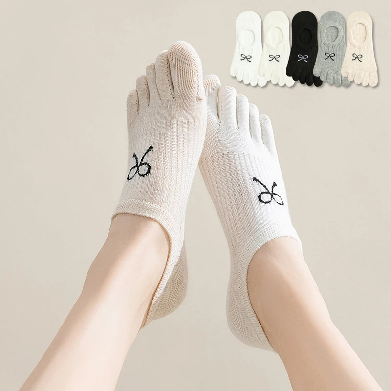 

1Pair Cute Five Finger Boat Socks For Women Short Socks Harajuku Embroidery Bow Ankle Socks Breathable Toe Socks