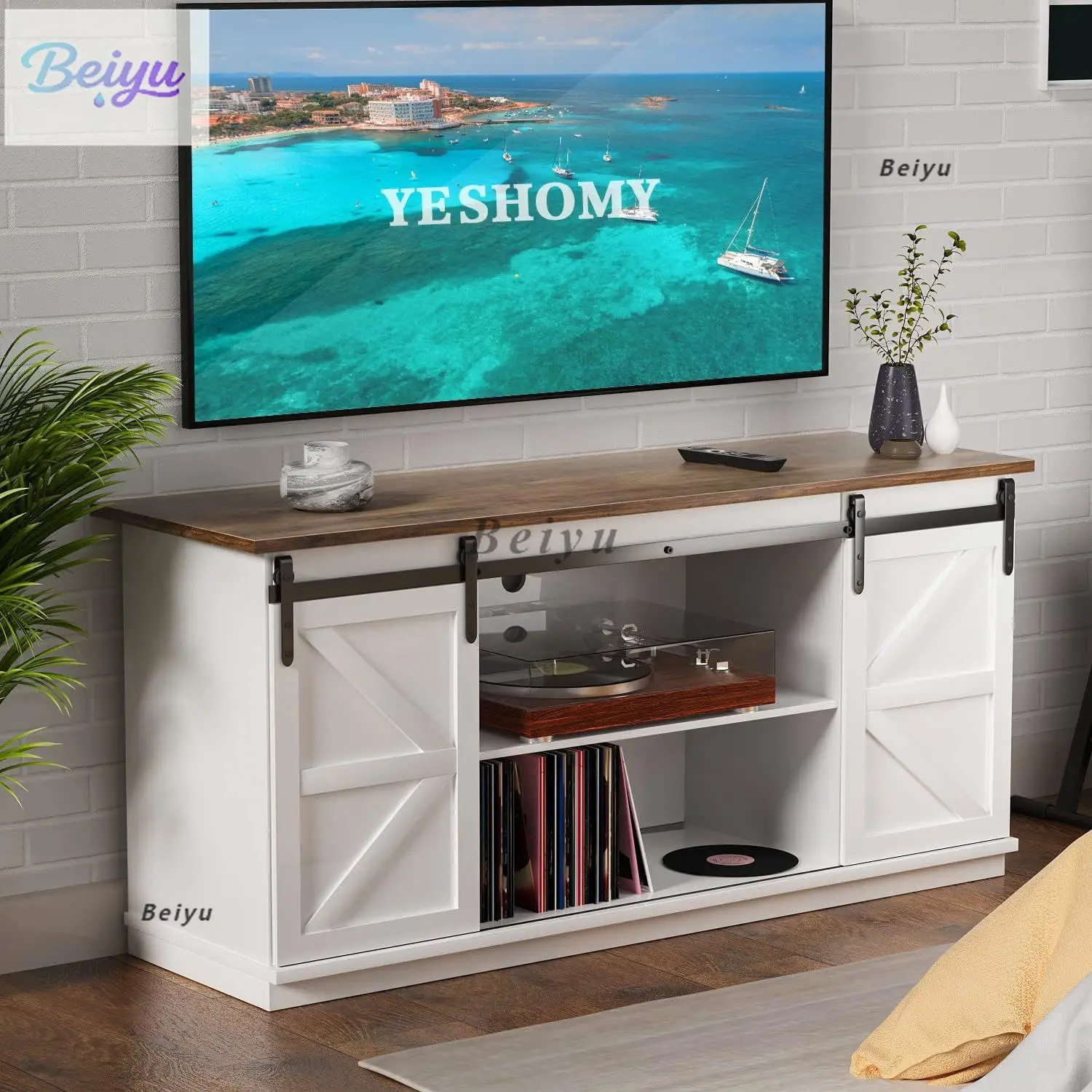 

Шкаф под телевизор в фермерском доме и развлекательный центр с раздвижными амбарными дверями и шкафчиками, консольный столик, мебель для гостиной