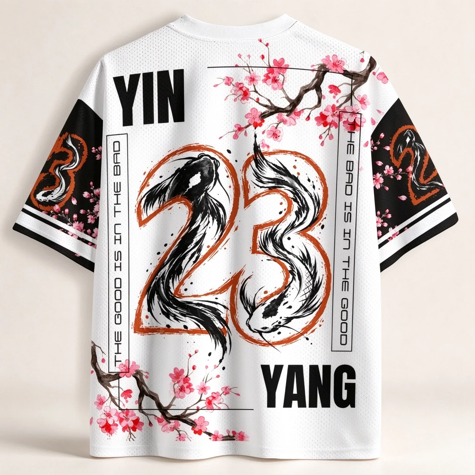 Bold Oriental Yin Yang Koi V Neck Tee Cherry Blossom Ink All Over Print T Shirt Comfort Short Sleeve Top for Urban Street Style