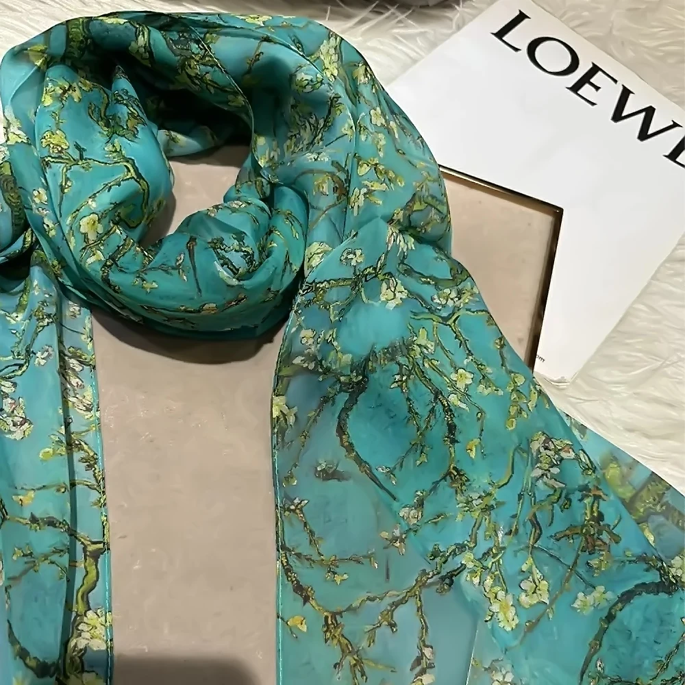 [BYSIFA] 100% Silk Chiffon Scarf Female Brand Apricot Floral Design Long Scarves Beach Shawls Fall Winter Women Neck Scarves