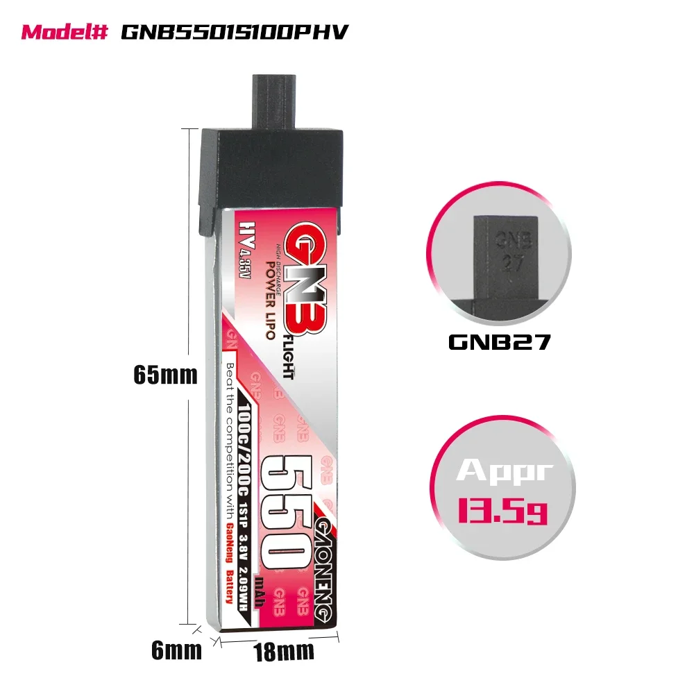 GAONENG GNB 550mAh HV 1S 100C 200C 3.8V Plastic Head GNB27 LiPo Battery Yinywhoop Tiny7 PowerWhoop Cockroach Quadcopter