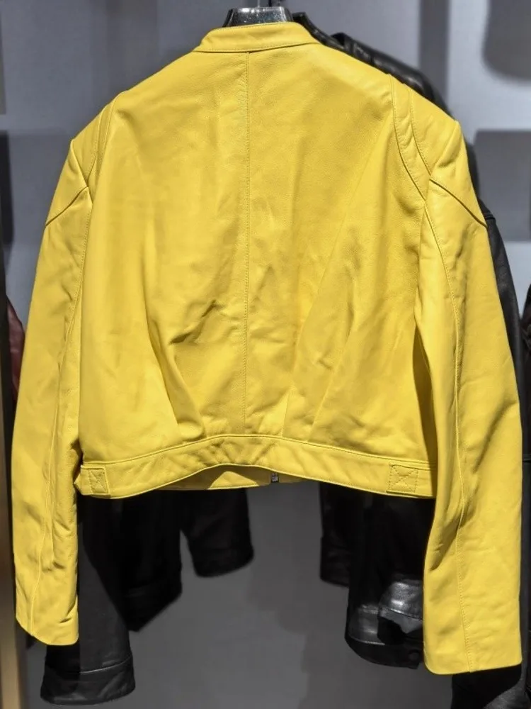 خريف جديد إمرأة الوردي الوقوف طوق جلد الغنم سترة جلدية حقيقية نمط قصير يندبروف دراجة نارية السائق معطف فضفاض صالح سترة