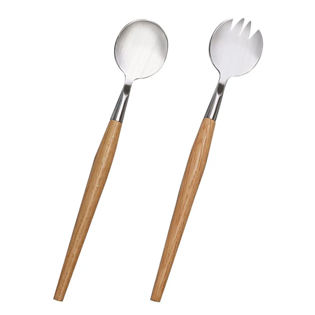 

2Pcs Salad Tool Kit Stainless Steel Fork Spoon with Natural Wood Handle Eco Friendly Tableware for Picnics Lunches Parties