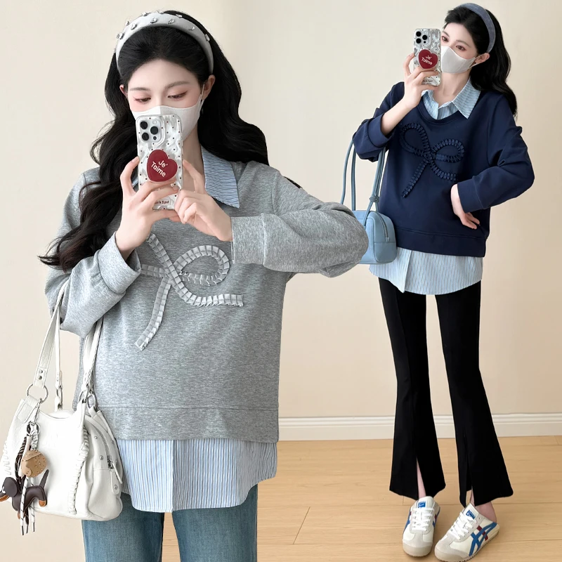 

Korean Style Maternity Polo Shirt for Autumn/Winter - Color-Block False Two-Piece Design Slimming Fit Blouses For Pregnant Women