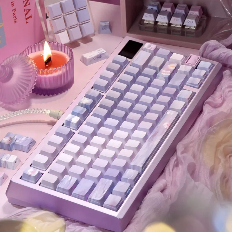 Water Lily Pattern Keycap 130key Pbt Material Five Sided Sublimation Cherry Profile Side Engraved Translucent Keycaps Accessory