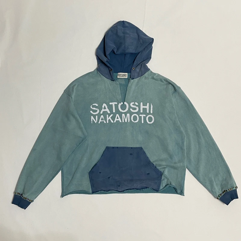Splice Color Satoshi Nakamoto Tear V Collar Hoodie Men Women Washed Hole Damaged Rolled Edge Bead Sweatshirts Cropped Pullovers
