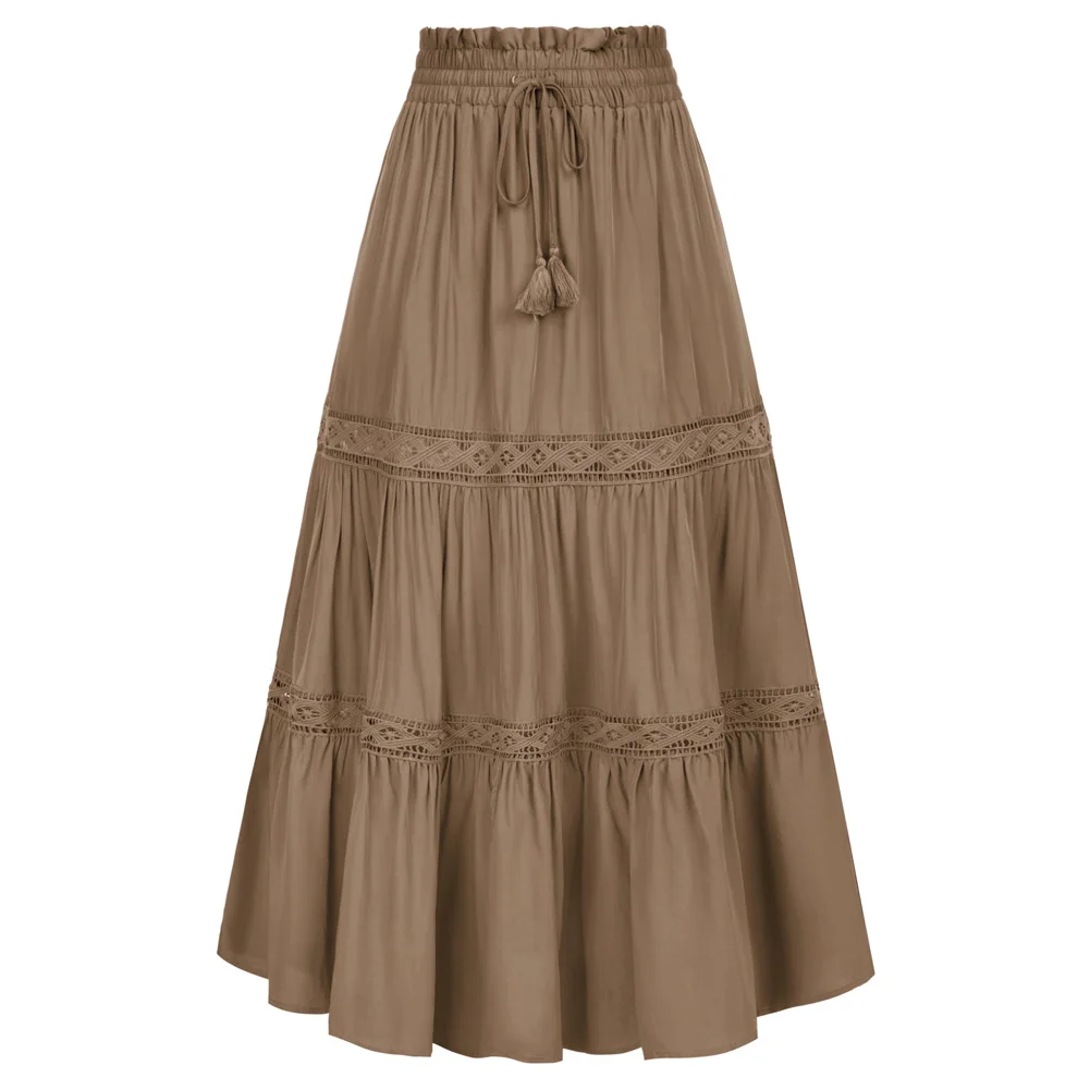 

SD Women Tiered Swing Skirt Renaissance Elastic Drawstring Waist Flared A-Line Maxi Skirt Steampunk High Waist Fashion Skirts