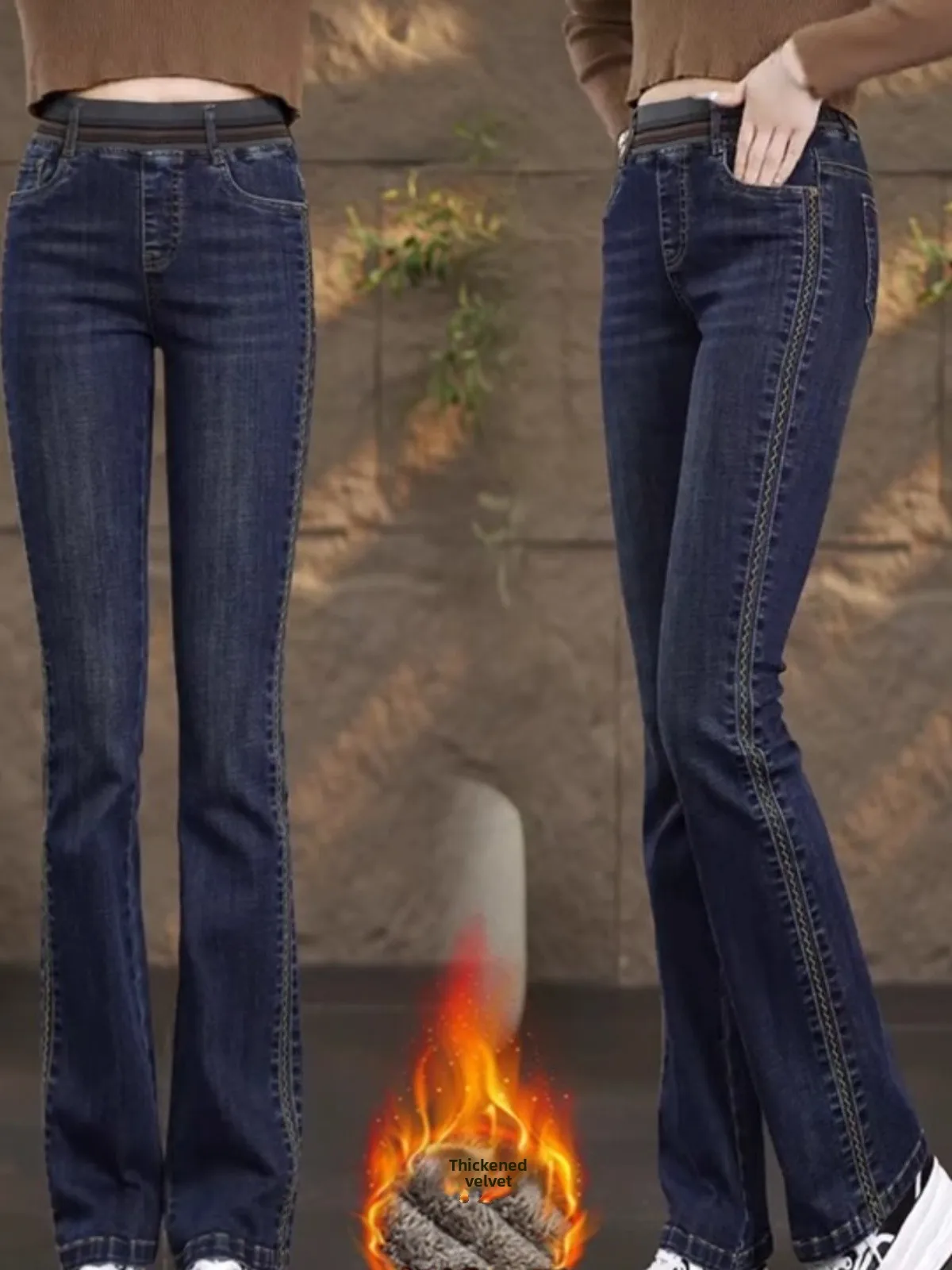 

Women's Fce Lined Flared Jeans High Waist Thi Denim Winter Mom Pants Spring Autumn Sle 2024 New Arrival Deep Color Lon...