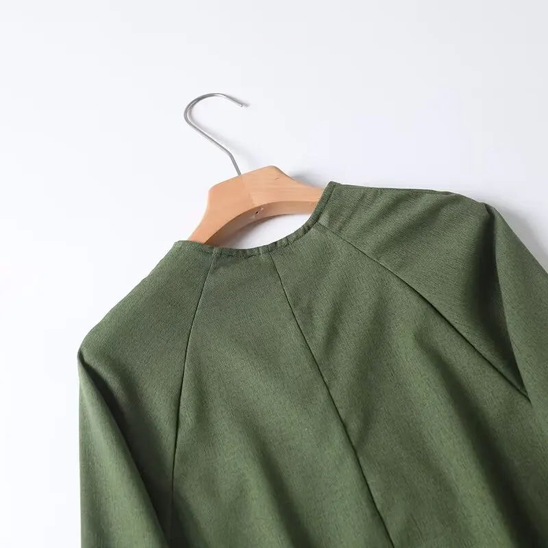 Dave&Di French Fashion Women's Green Cotton and Linen Long Sleeve Shirt Autumn Blouse Women Minimalist Lazy Wrap Shirt