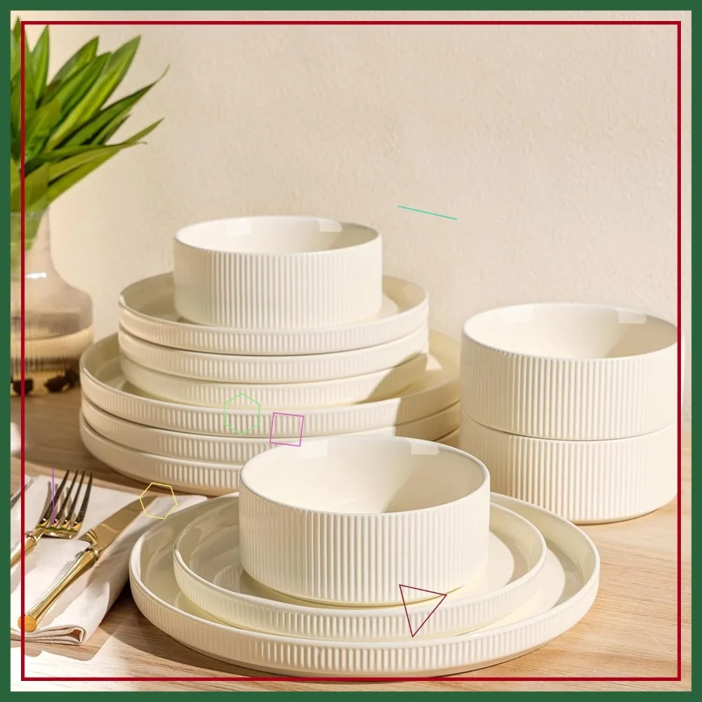 

12-Piece Ceramic Dinnerware Set for 4, Lightweight Porcelain Plates and Bowls, Oven Microwave Dishwasher Safe Beige