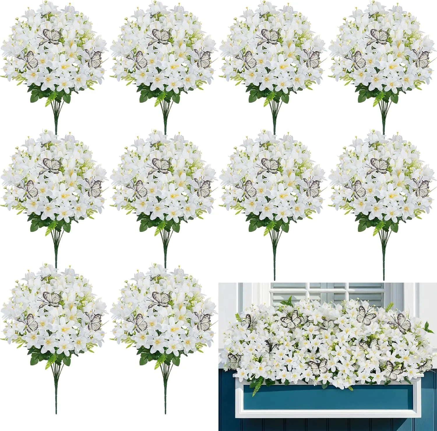 

10 Bundles Artificial Daffodil Flowers, 17.7" UV Resistant White Silk Flower Arrangements with Butterflies, Spring Fake
