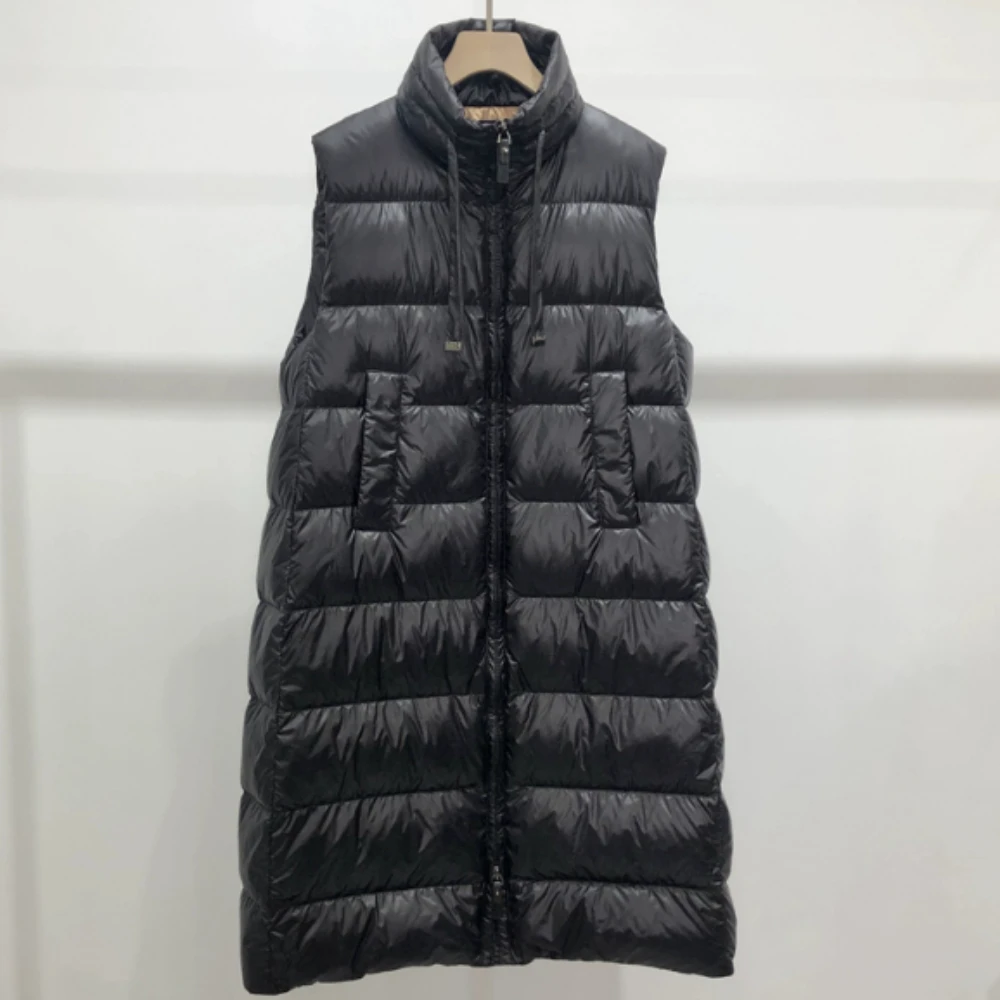 2025 New Autumn Winter Women Long Down Vest Fashion Casual Loose Warm Coat Knee Length Stand Collar 90 White Duck Down Jacket