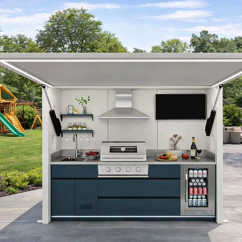 All Weather Patio Outdoor BBQ Kitchen Island With Motorized Flip Up Roof And Built In Sink Fridge And Storage