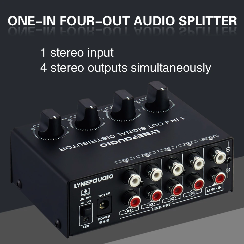 1 in 4 out front-level stereo signal amplifier distributor comparator output independent volume adjustment without loss