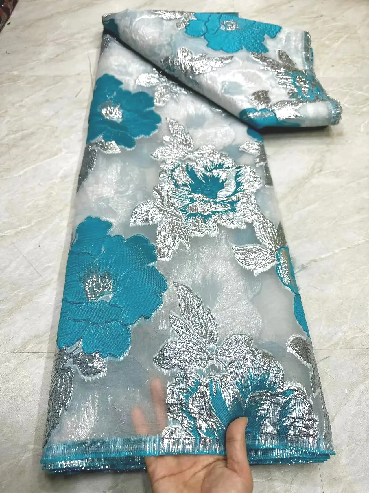 

Blue Gilding Jacquard Brocade Fabric Damascus Floral Design Tulle Mesh Jacquard Fabric Wedding Dress Sewing ClothingMaterial