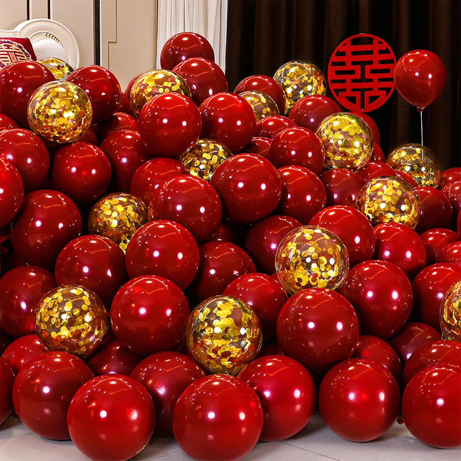 30pcs/pack gold glitter double-layer red pomegranate heart balloon set suitable for weddings, proposals, birthdays, graduation