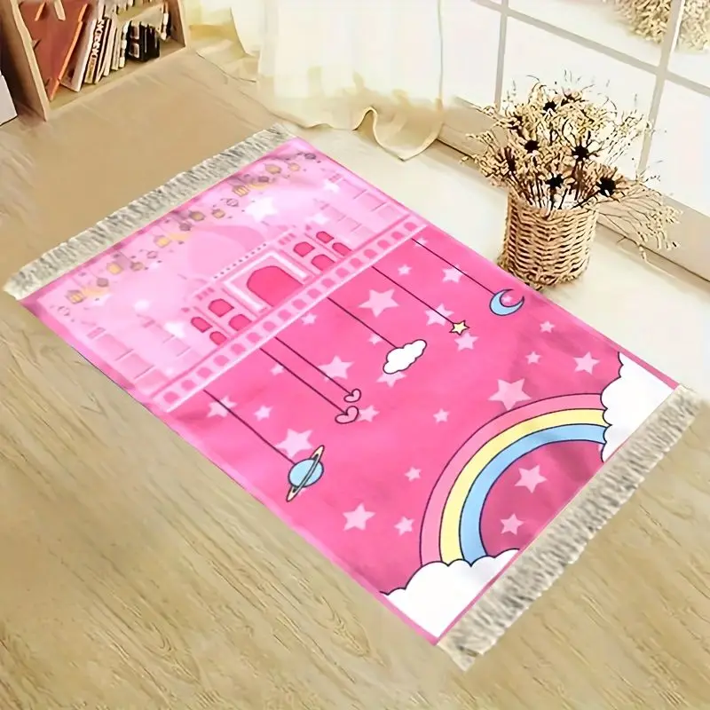 VIKAMA Girl Pink Rainbow Planet Mosque Arch Worship Carpet Wear resistant Portable Home Worship Mosque Pilgrimage