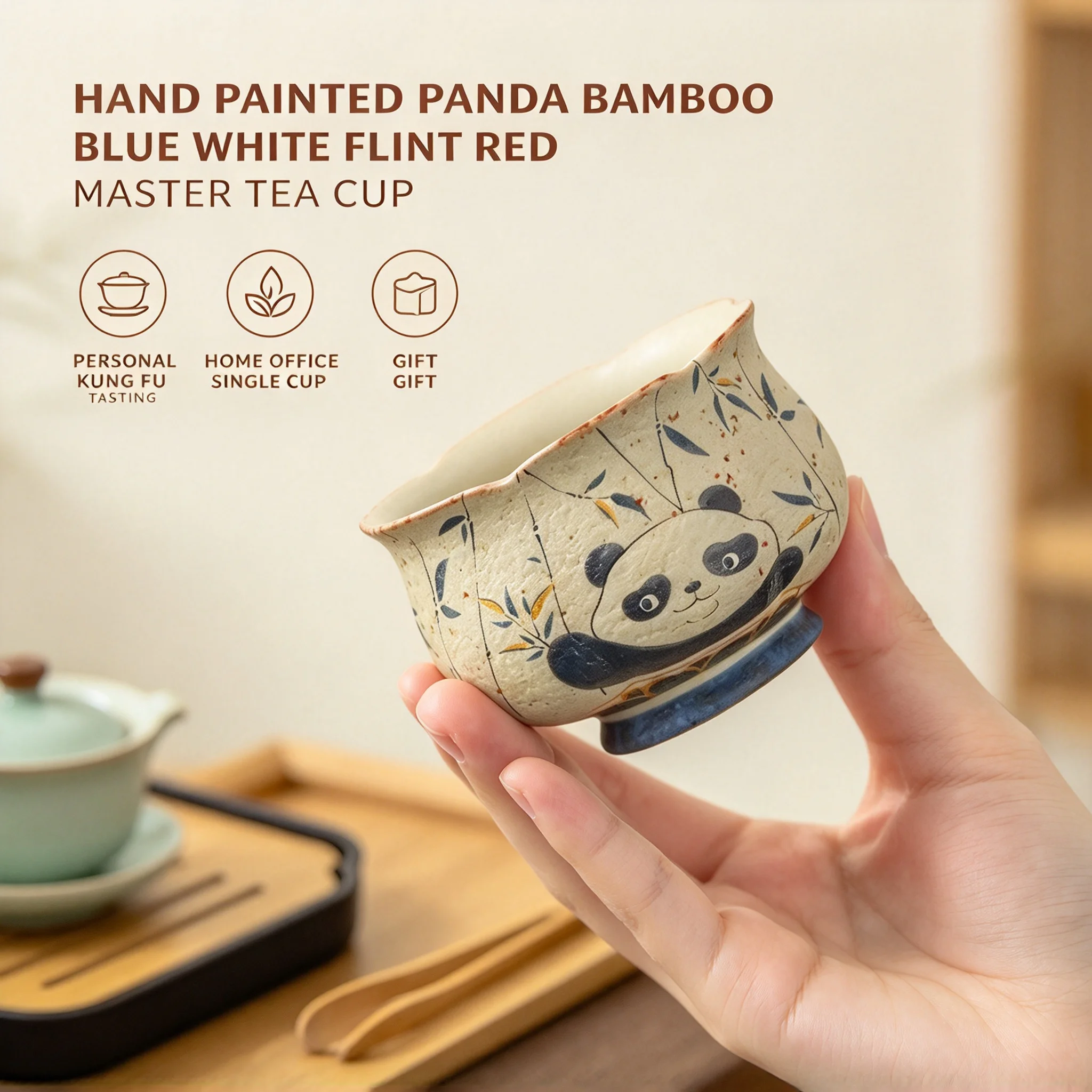 Hand Painted Panda Bamboo Blue White Flint Red Master Tea Cup Personal Kung Fu Tasting Single Cup Home Office Gift