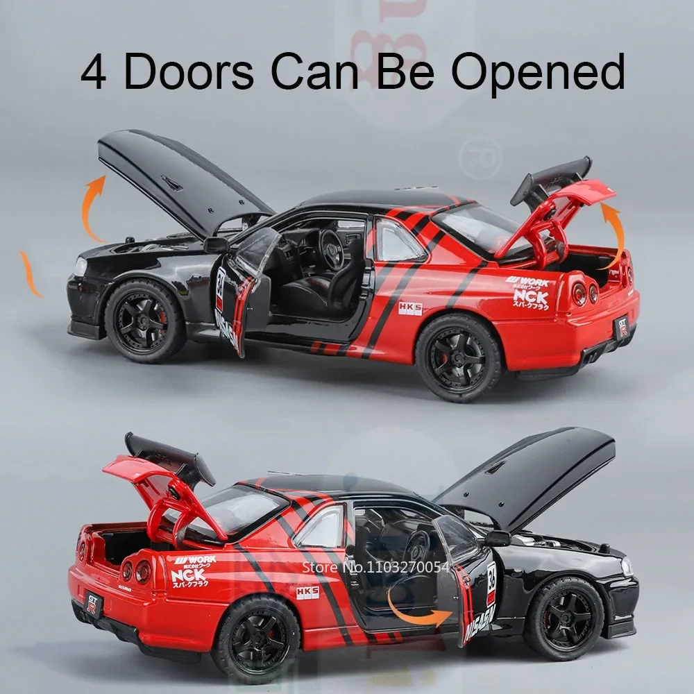 Jouets de voiture en alliage moulé sous pression GTR Skyline R34, échelle 1:32, modèle d'ornement, portes ouvertes, son et lumière, véhicules rétractables, cadeau pour enfants et amis