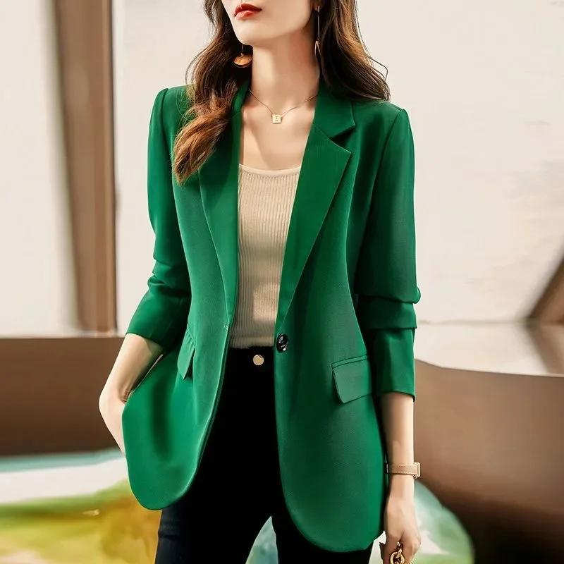 2025 Women Coffee Color Small Blazers Jacket Spring Autumn One-Button Suit Coat Lady Casual Tops Black Green Blazers Outerwear