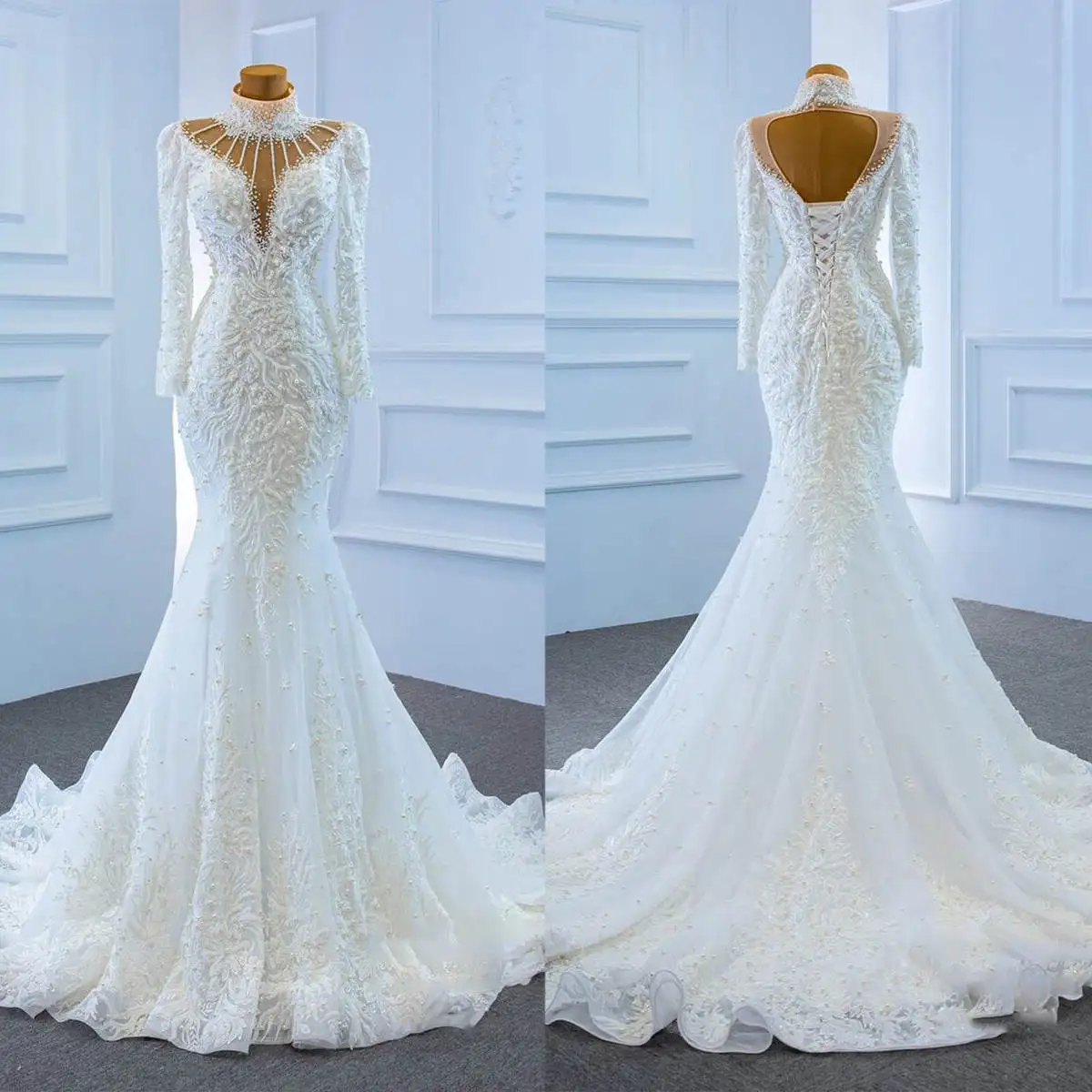 

Luxury Mermaid Gown Wedding Dresses Appliques Pattern Lace Bridal Gowns High-Neck Big Size Vestidos De Novia Custom Size Colour