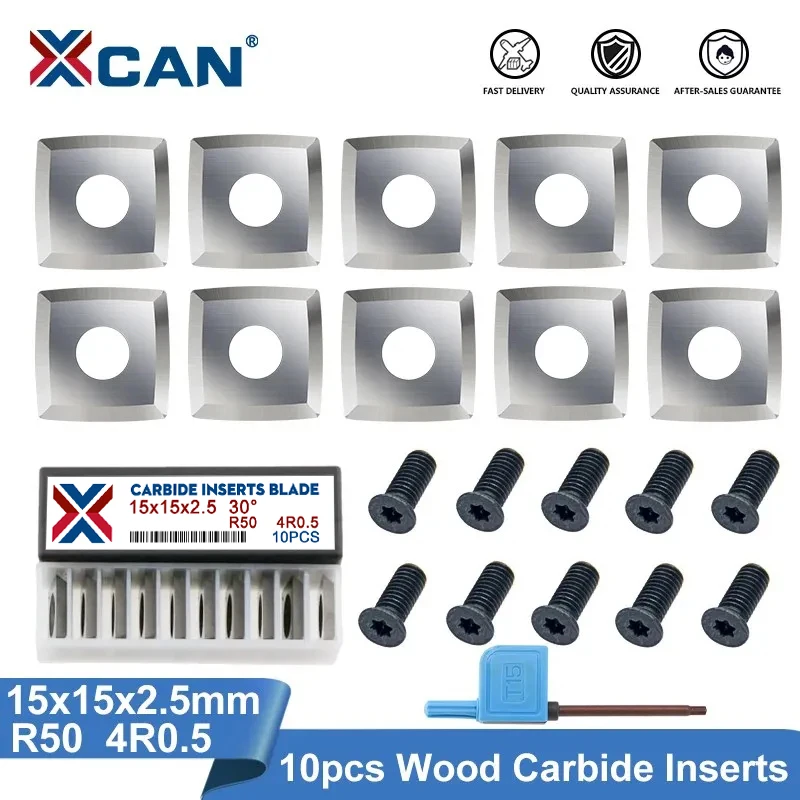 XCAN Carbide Cutter Inserts 15x15x2.5mm 30° R50 4R0.5 for Woodworking Helical Planer Head Wood Lathe Turning Rougher Tool