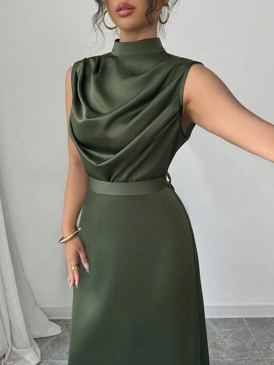 Elegant Sleeveless High Neck Satin Long Dress With Draped Bust And Fitted Waist Sage Green view 3