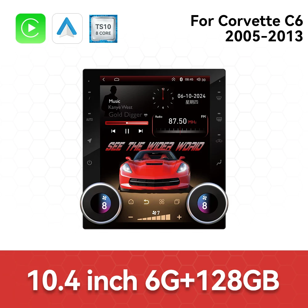 ZWNAV Android 13 Carplay GPS Navi Multimedia Speler Split Screen voor Chevrolet Corvette C6 2005-2013 Omkeerhulpmiddelen TV